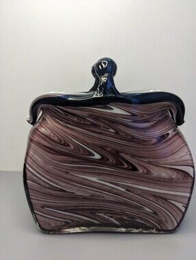 Hand Blown Burgundy Art Glass Purse Sculptural Handbag Decor Modern Display